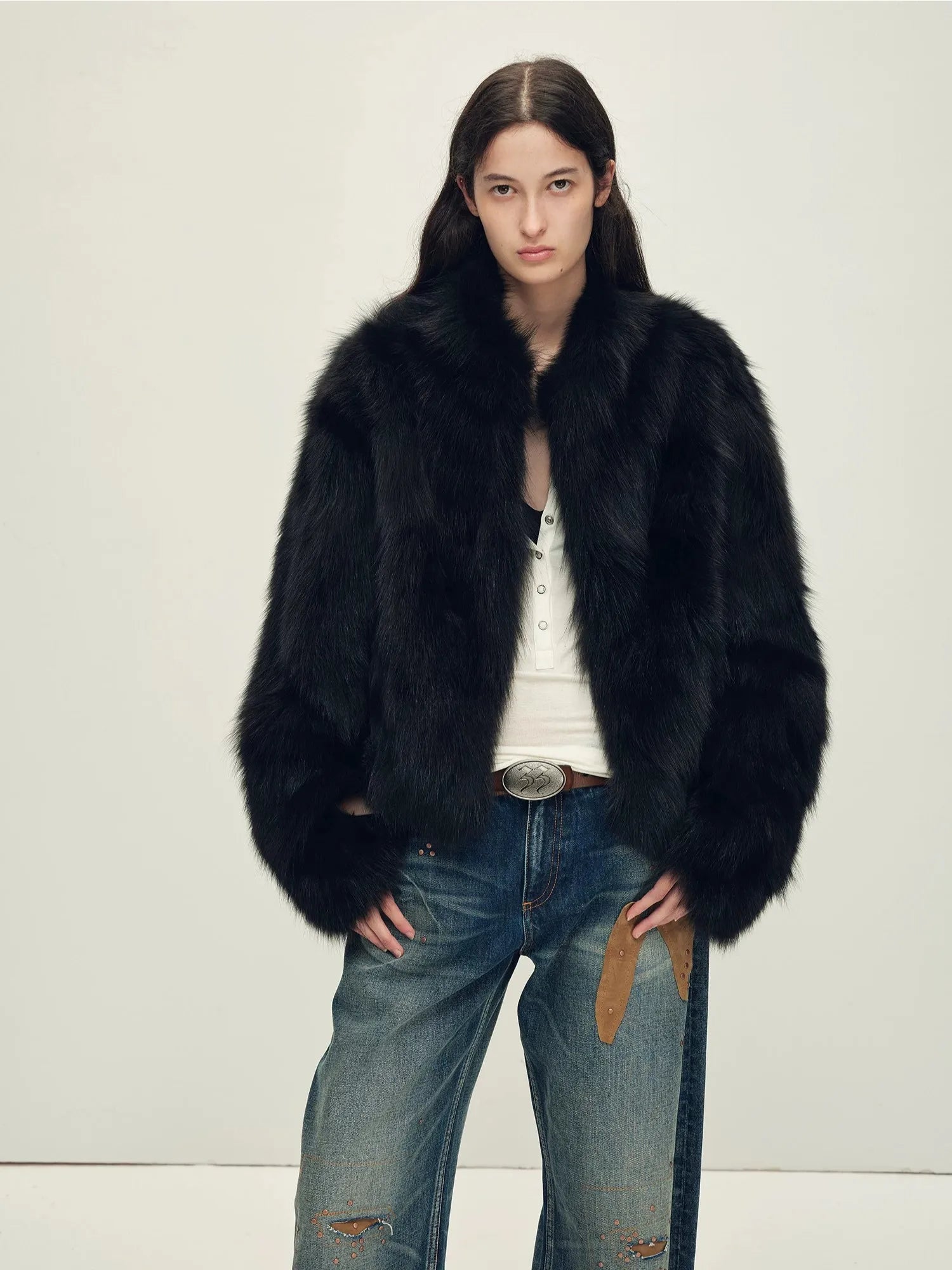 Veste en fourrure de renard Firelady pour femme, qualité Saga Furs Crown – Coupe courte ligne H avec col montant