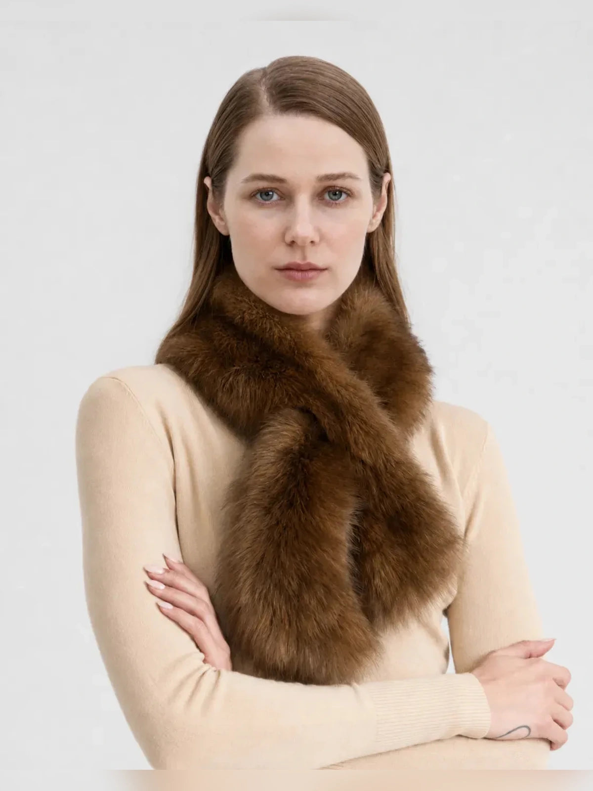 Women's vintage woven mink fur scarf in Brown – styled on model | Firelady Fur