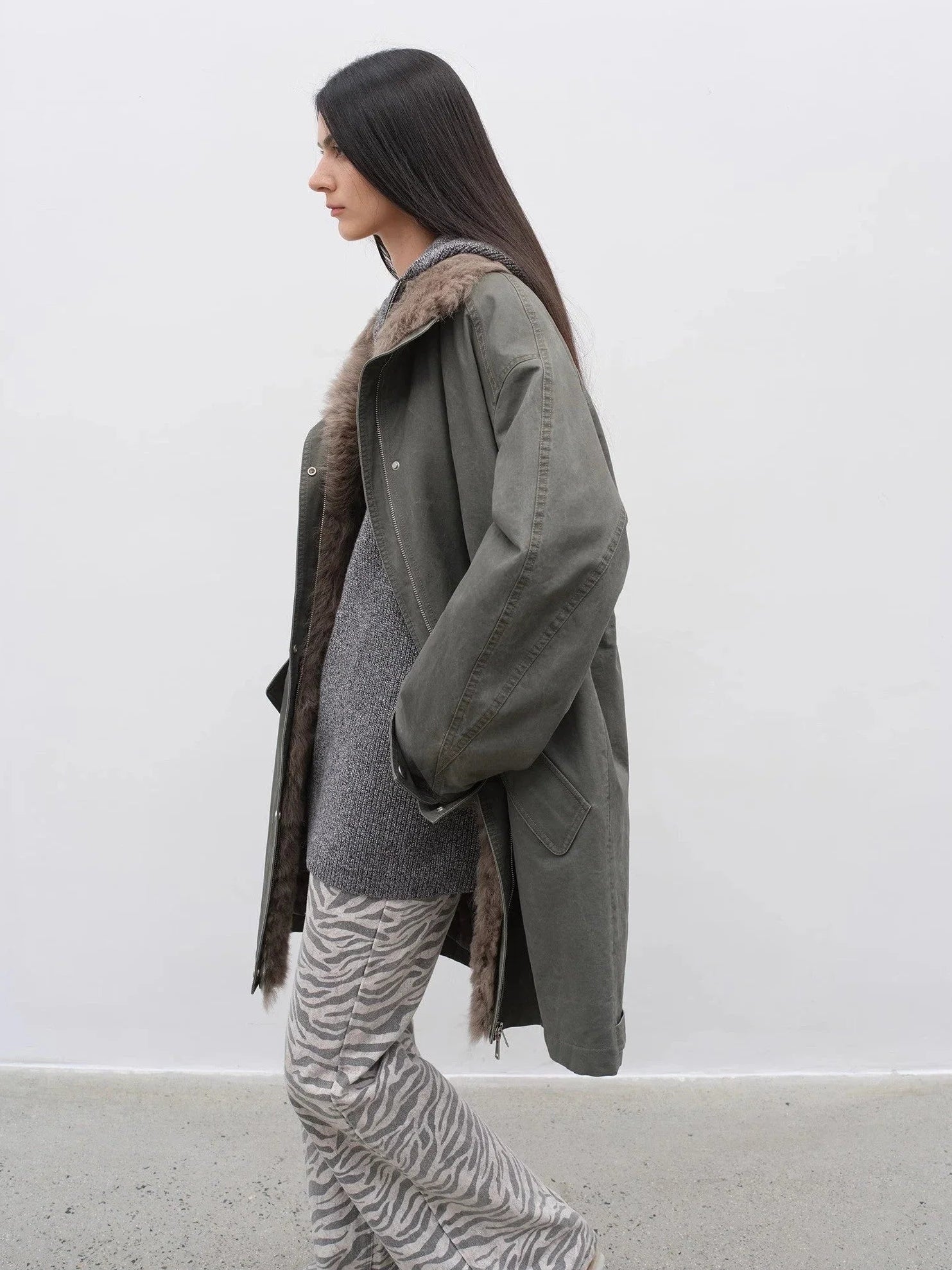 Gray Green Fireladyfur Cool Denim workwear style detachable down parka side profile