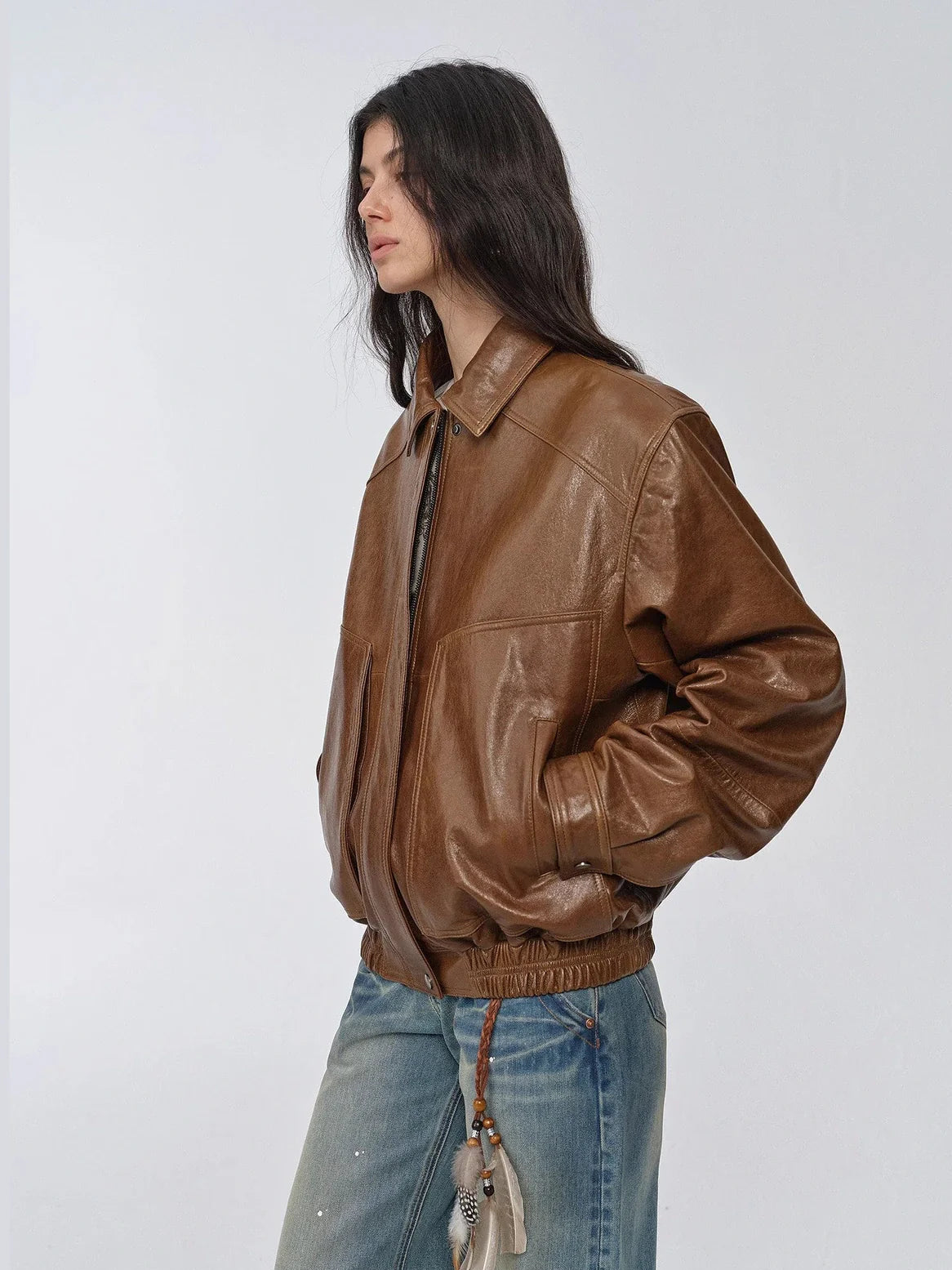 Fashionable Luke yellowish brown waxed leather jacket side view