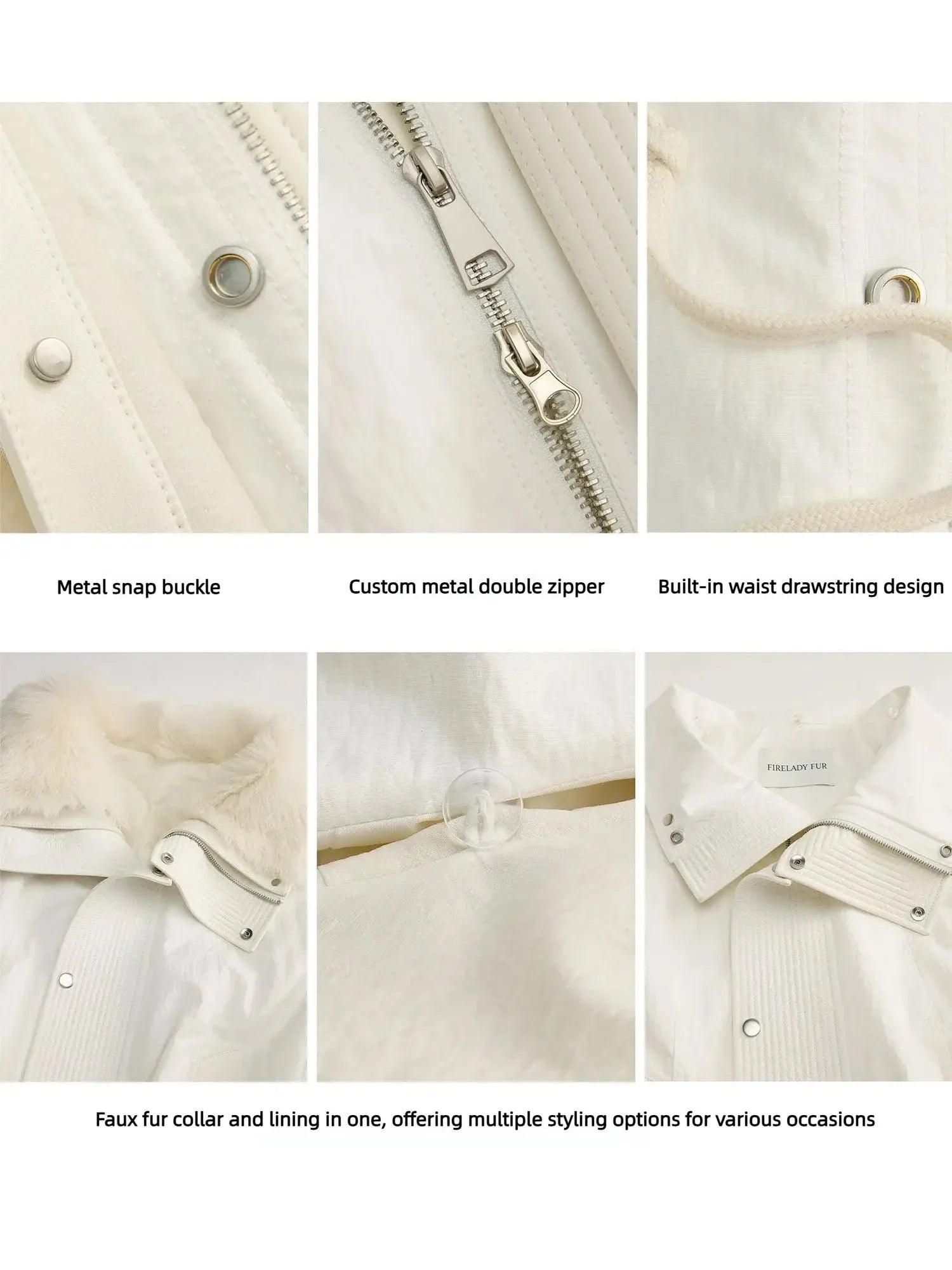 Firelady Fur Ode to the Stars white down parka detail panels showing buckles zipper drawstring and fur collar