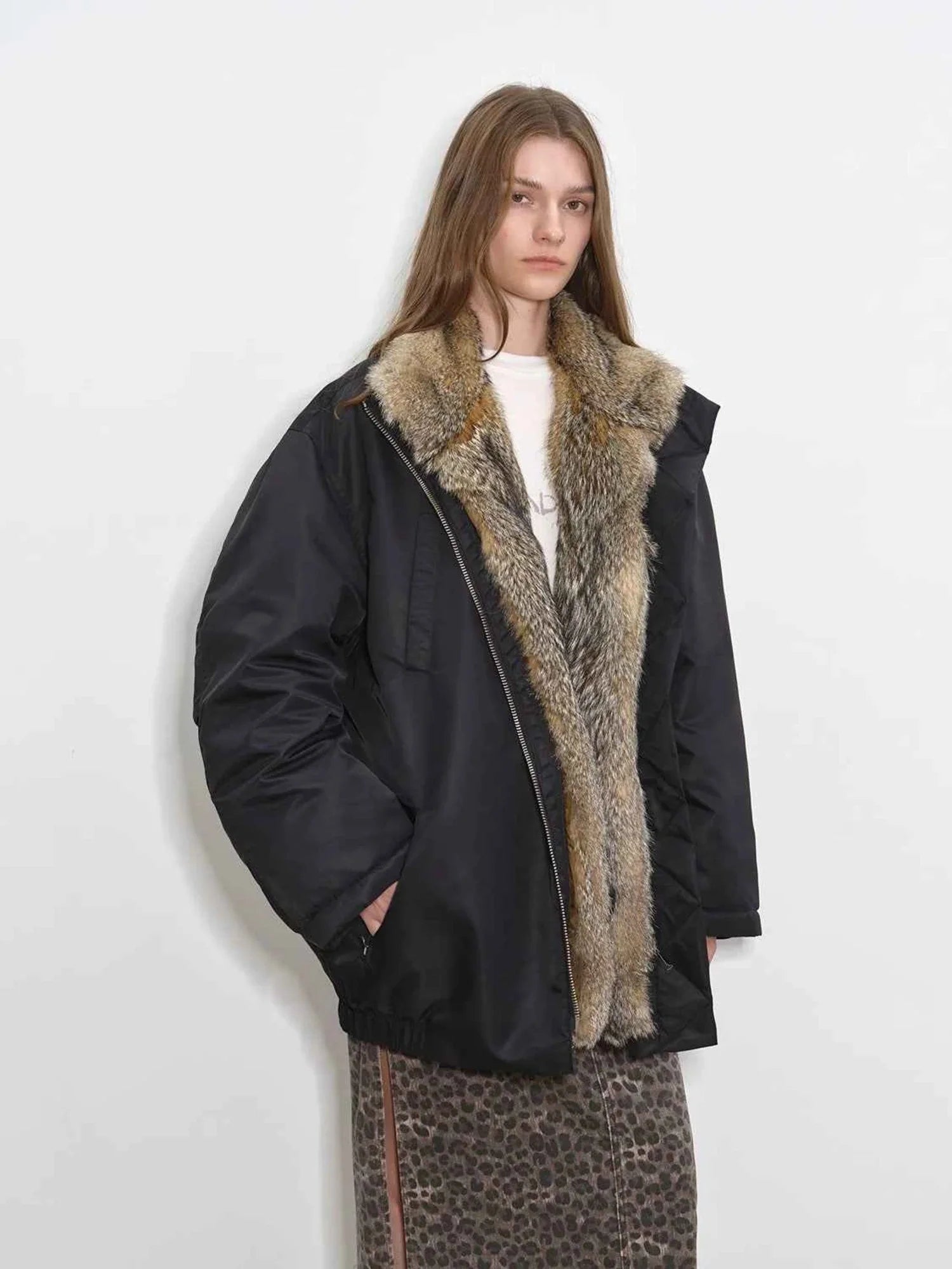 Close model view of Fireladyfur Travel Notes black down jacket with fluffy fox fur collar