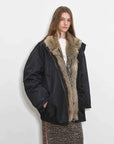 Close model view of Fireladyfur Travel Notes black down jacket with fluffy fox fur collar