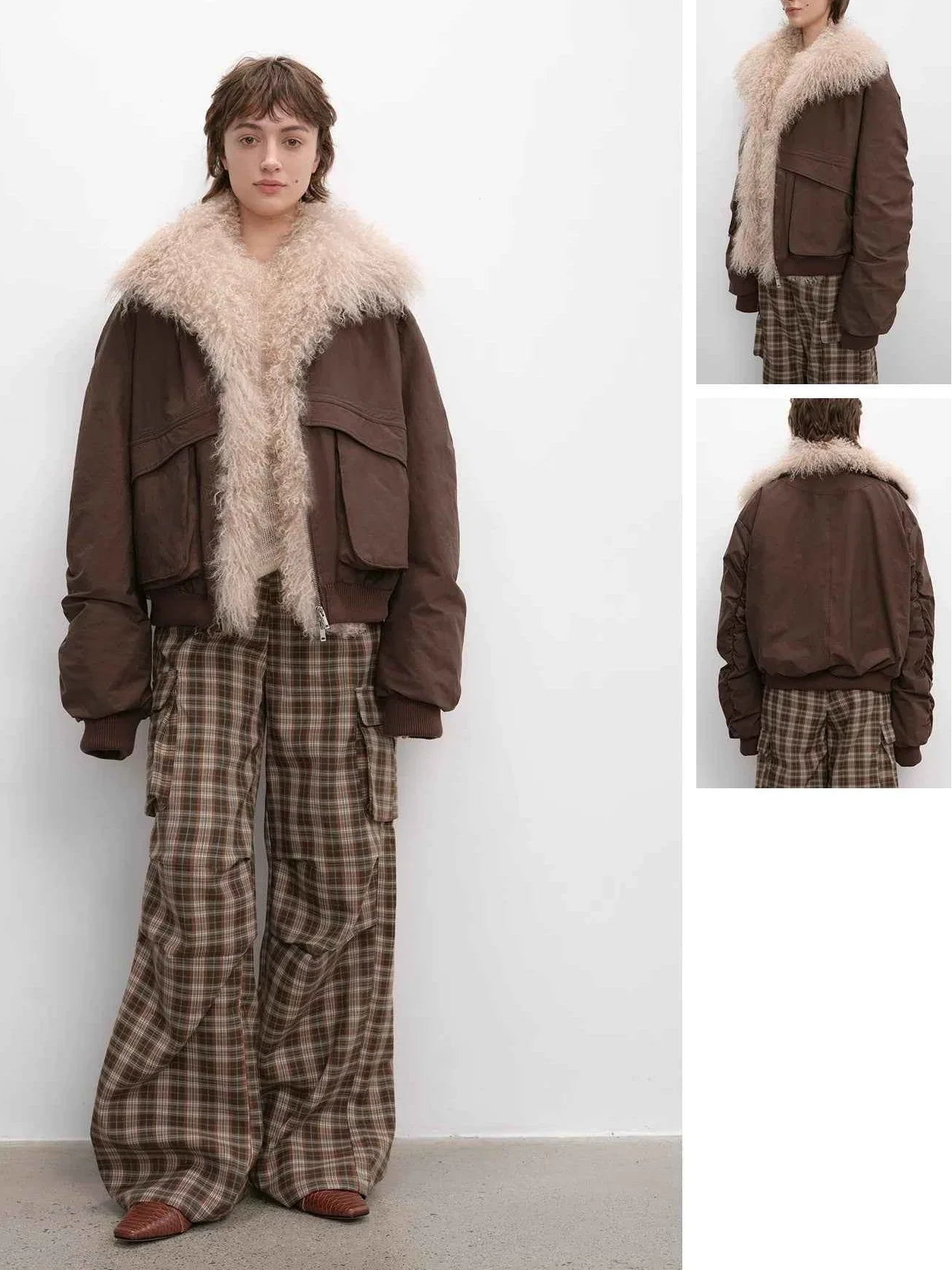 Brown Fireladyfur Winter is Coming detachable fur trim parka front and back detail views