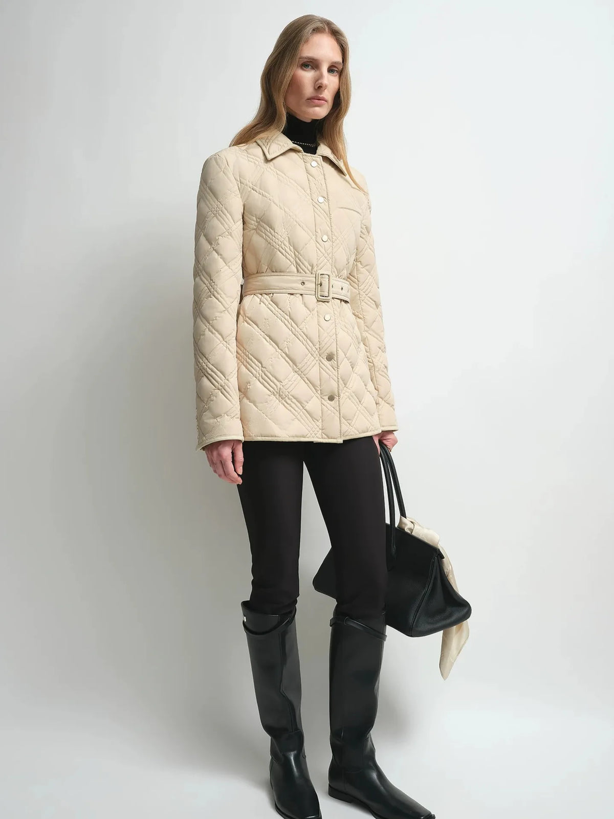 Firelady Fur Women's Belted Quilted Down Jacket – Diamond-Stitch Design