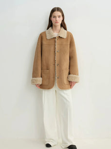 Manteau réversible pour femme Firelady en faux daim et imitation peau lainée – Col tailleur