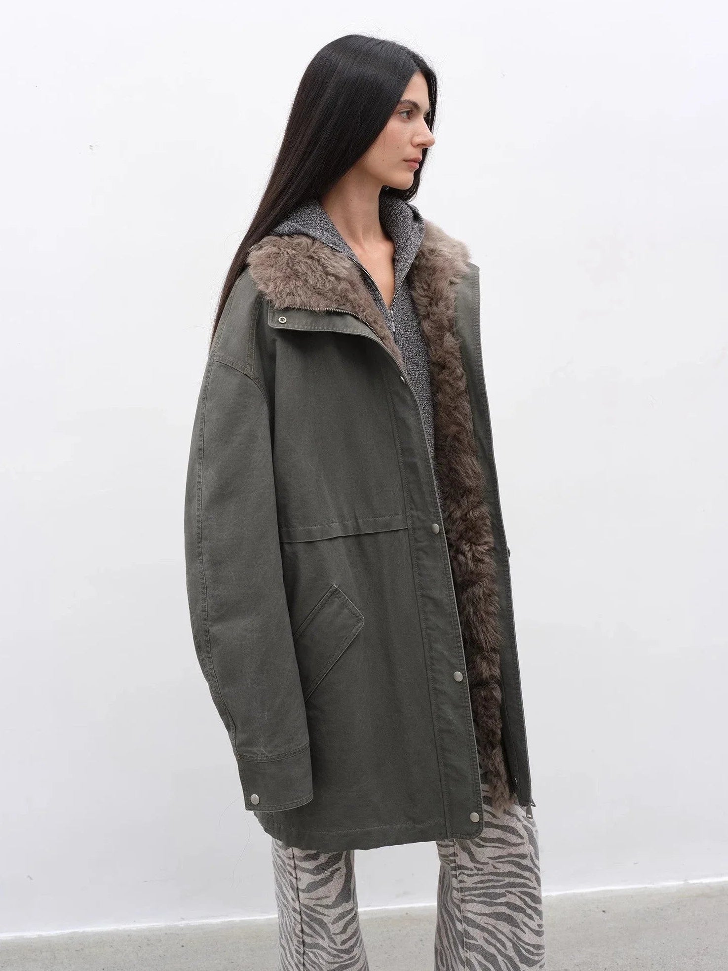 Gray Green Fireladyfur Cool Denim goose down parka side open view with fur trim