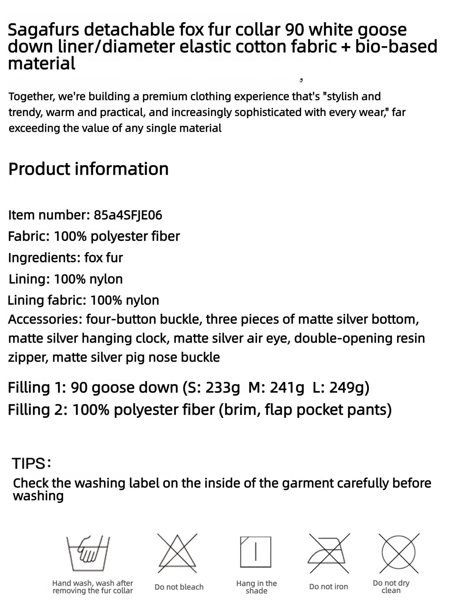Firelady Fur Blue Winter Style down parka product information with fabric filling lining and care instructions
