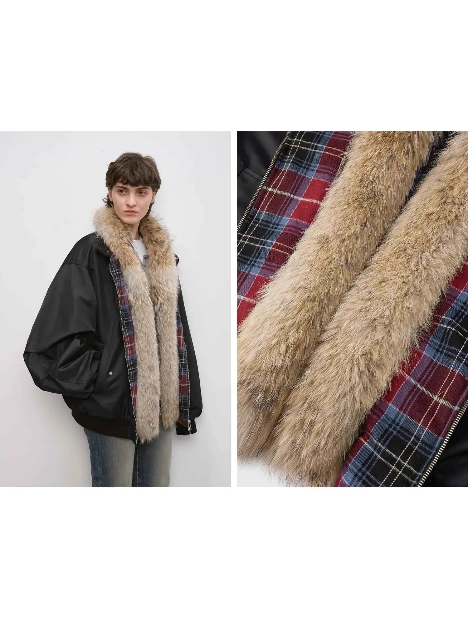Firelady Fur Urban Warmth Black parka detachable wolf fur collar and plaid lining detail