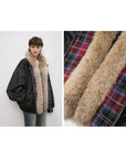 Firelady Fur Urban Warmth Black parka detachable wolf fur collar and plaid lining detail