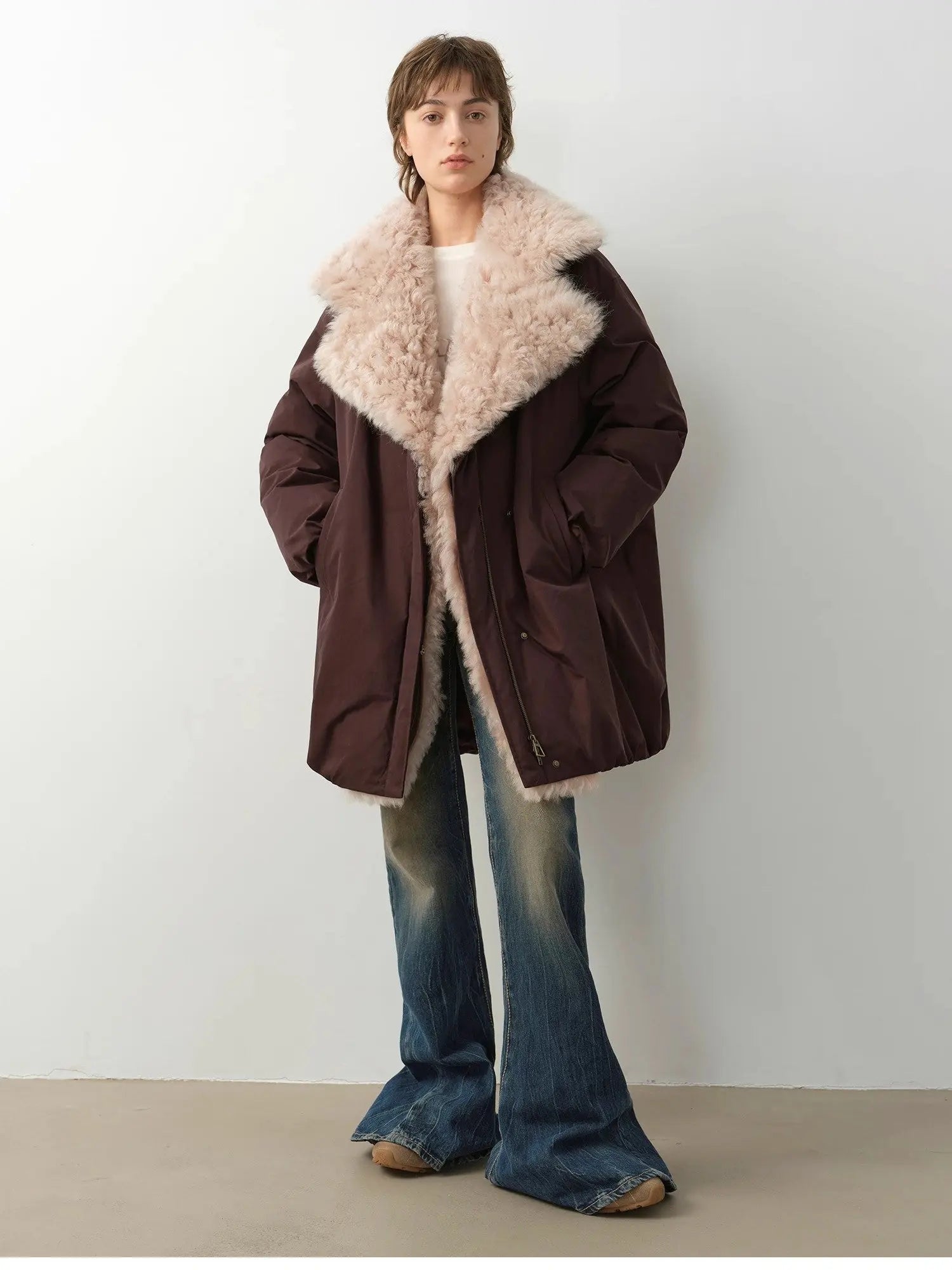 Fireladyfur Modern Introduction Brown Purple goose down parka front view on model