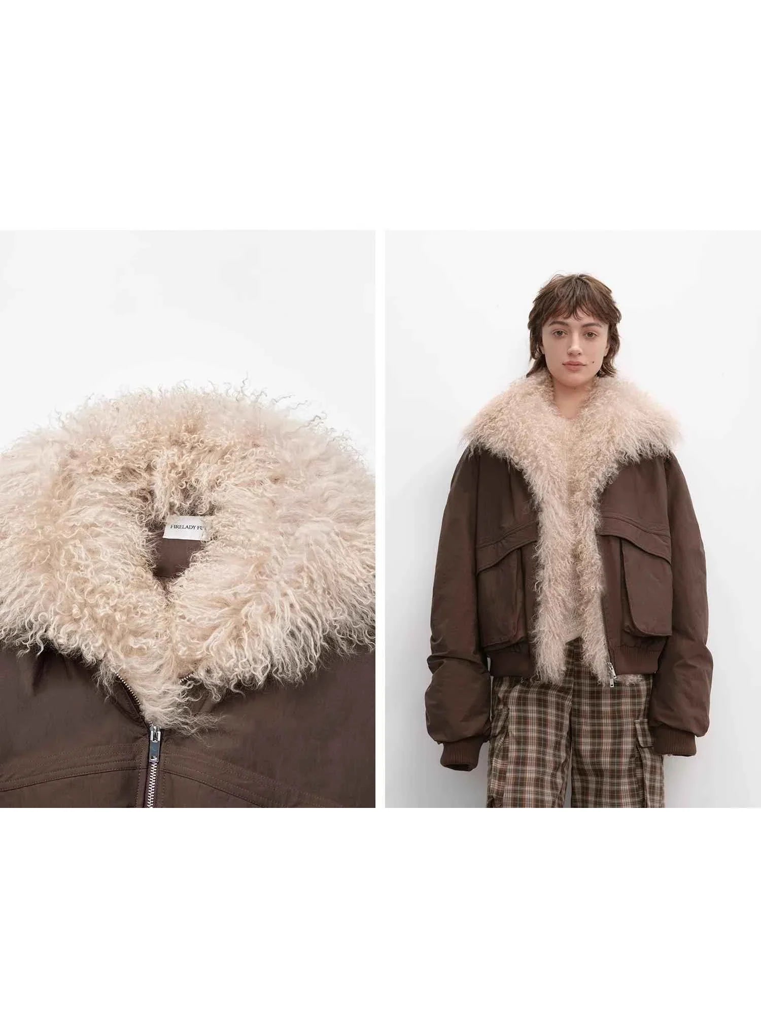 Fireladyfur Winter is Coming brown down jacket fluffy detachable fur collar detail