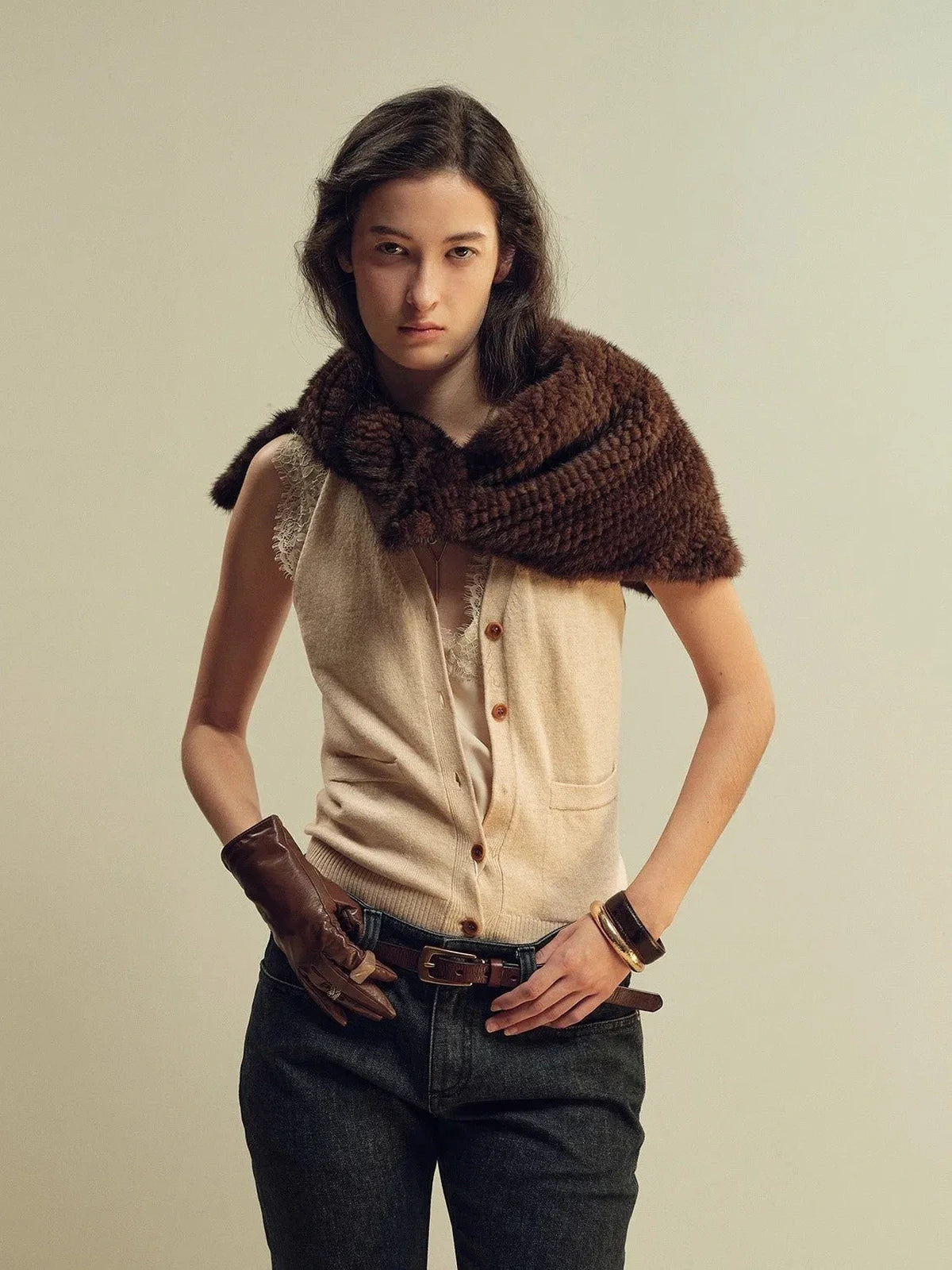 Women's mink fur triangle scarf in Raw Coffee – styled on model | Firelady Fur