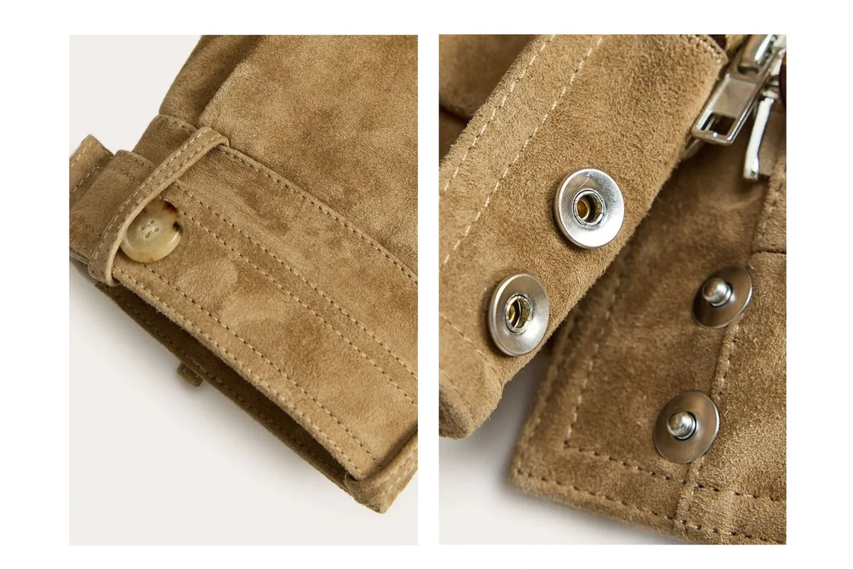 Firelady Fur Women's Suede &amp; Oil-Wax Sheepskin Cropped Jacket – Puff-Sleeve Stand-Collar Design with Dual-Material Panels