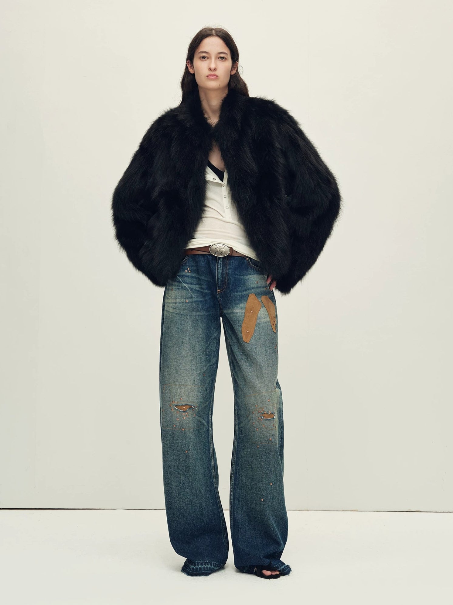 Veste en fourrure de renard Firelady pour femme, qualité Saga Furs Crown – Coupe courte ligne H avec col montant