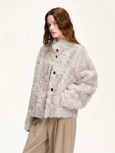 Firelady Fur Women's Young Hu Sheepskin Shearling Coat – Lightweight Cropped Stand-Collar Jacket with Natural Water-Wave Curls