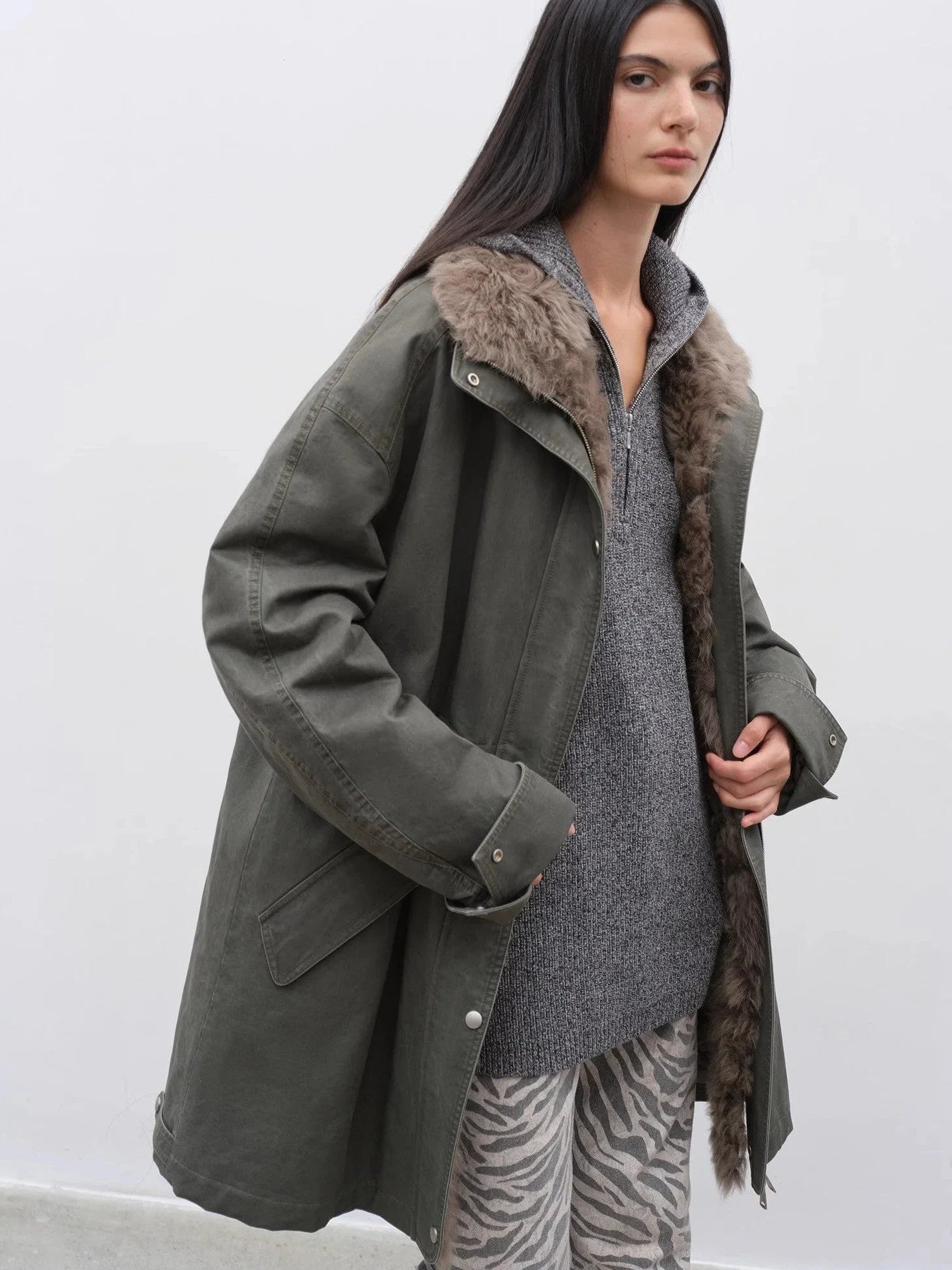 Gray Green Fireladyfur Cool Denim detachable fur trim goose down parka close front view