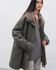 Gray Green Fireladyfur Cool Denim detachable fur trim goose down parka close front view