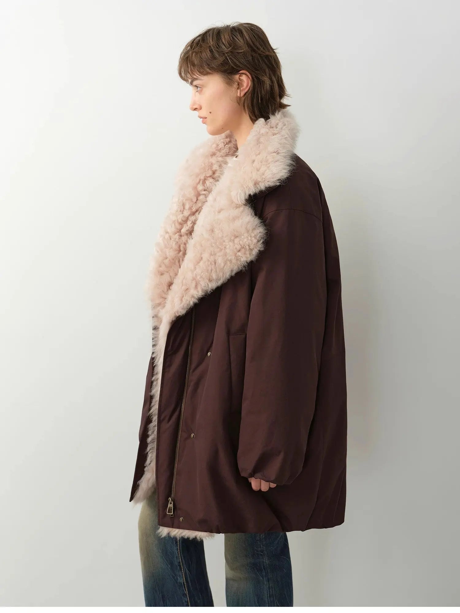 Fireladyfur Modern Introduction Brown Purple Tuscan wool collar parka side view on model