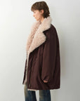 Fireladyfur Modern Introduction Brown Purple Tuscan wool collar parka side view on model