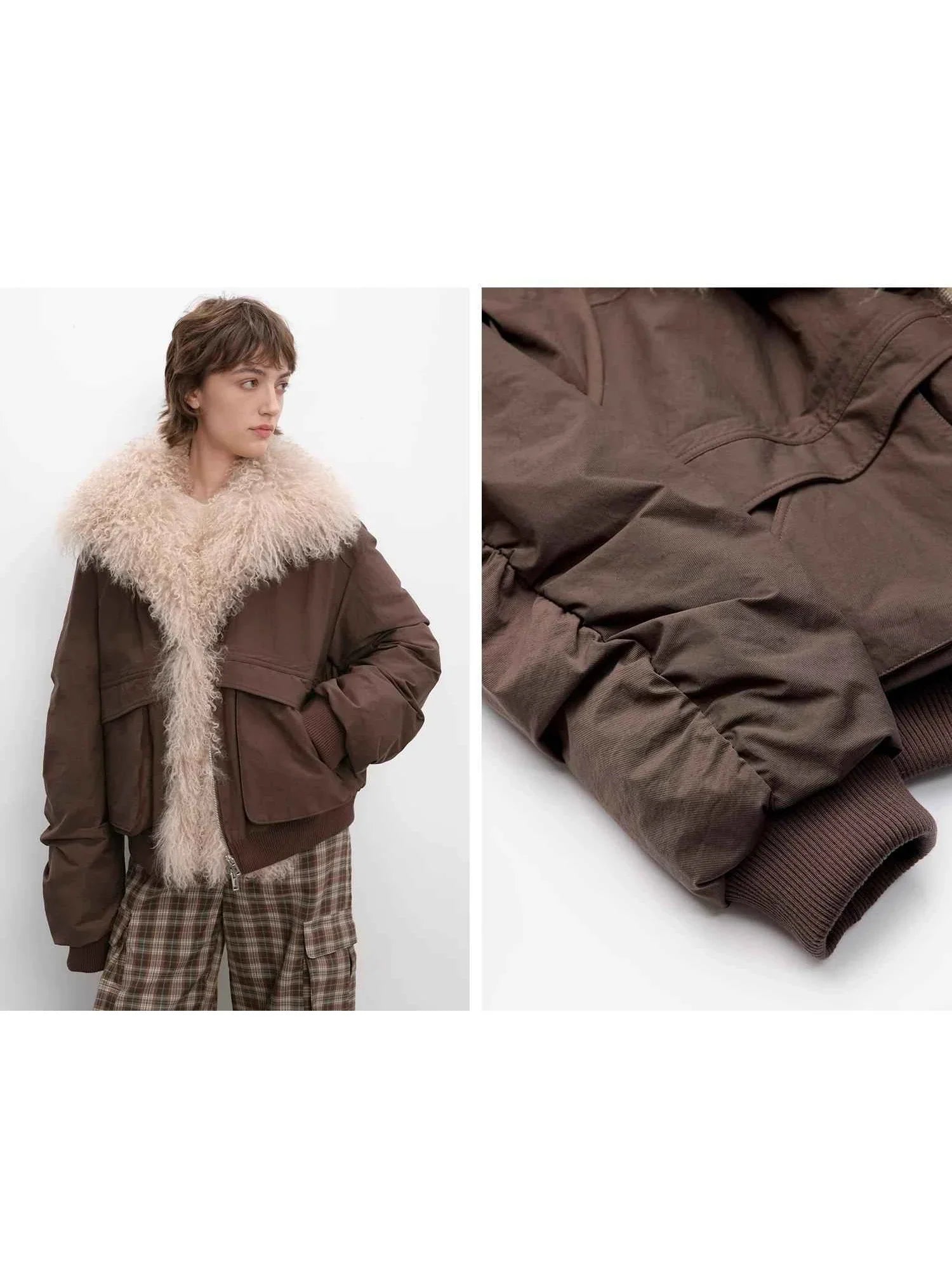 Fireladyfur Winter is Coming brown waterproof down jacket pocket sleeve and cuff details