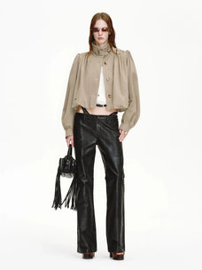 Firelady Fur Women's Cropped Trench Jacket – Ruched Balloon Sleeves