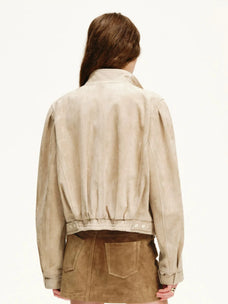Firelady Fur Women's Suede & Oil-Wax Sheepskin Cropped Jacket – Puff-Sleeve Stand-Collar Design with Dual-Material Panels