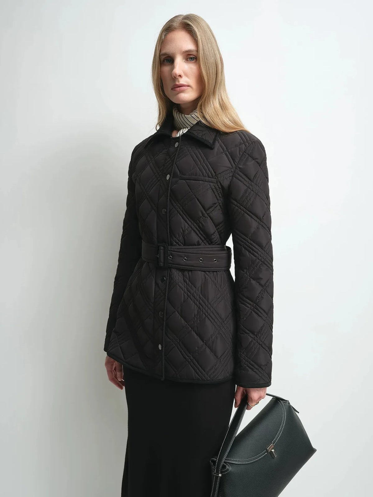 Firelady Fur Women's Belted Quilted Down Jacket – Diamond-Stitch Design