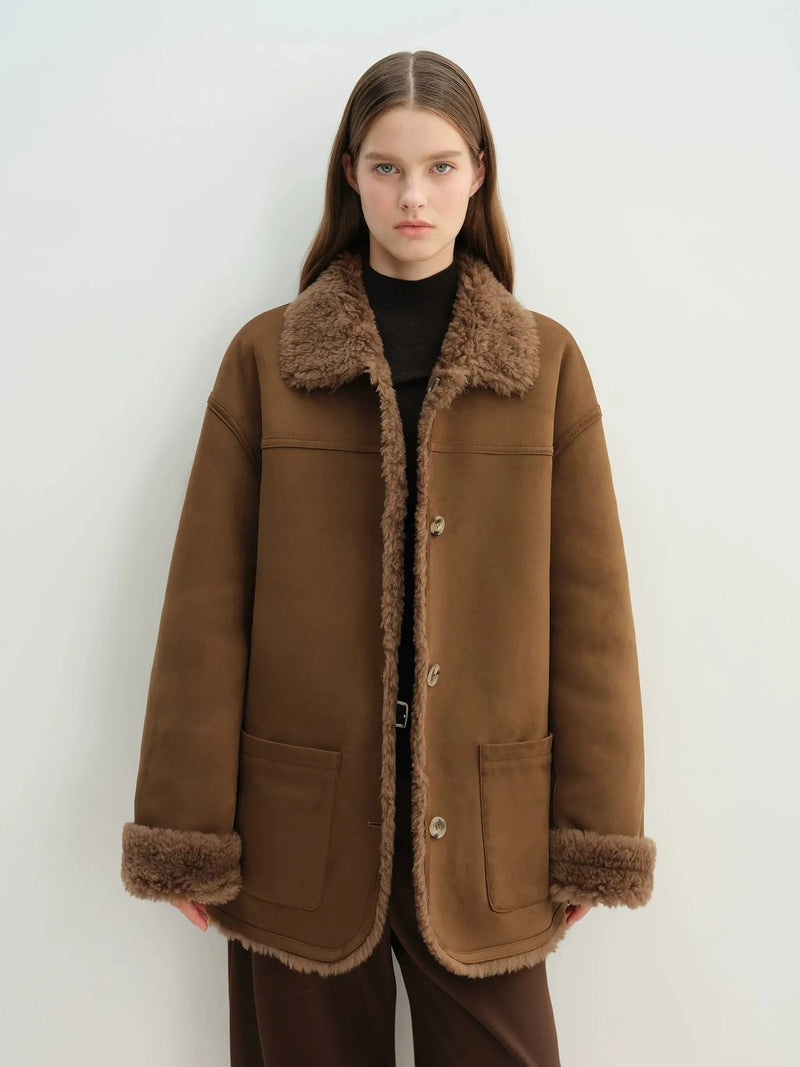 Firelady Fur Women's Reversible Faux Suede & Wool Shearling-Style Coat – Notched Collar