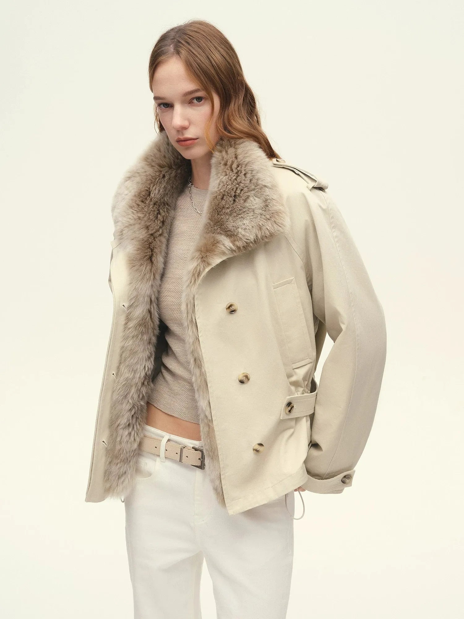 Firelady Fur Women's 90% Goose Down Parka – Detachable Spanish Merino Fur Collar & Cinched-Waist Trench Silhouette