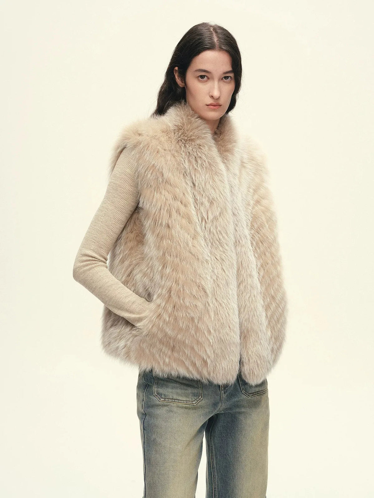 Firelady Fur Women's Finnish Saga Fox Fur Vest – Diagonal Piecing &amp; Curved Stand Collar