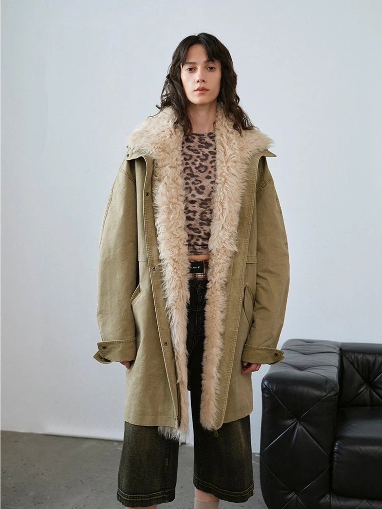 Khaki Sheepskin Fireladyfur Cool Denim detachable goose down parka studio front outfit