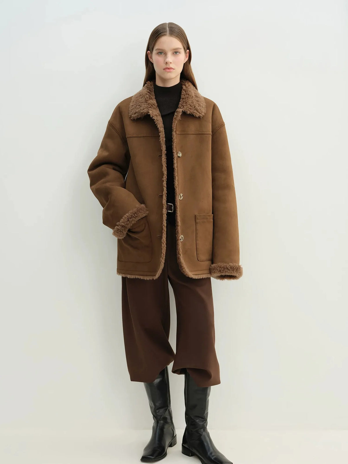 Manteau réversible pour femme Firelady en faux daim et imitation peau lainée – Col tailleur