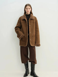 Manteau réversible pour femme Firelady en faux daim et imitation peau lainée – Col tailleur