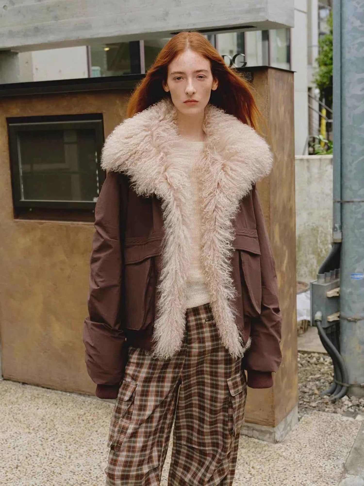 Brown Fireladyfur Winter is Coming detachable fur trim down jacket street close up front