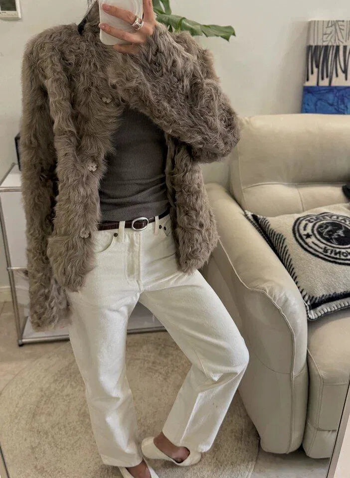 Cropped Shearling Coat with Natural Curl Texture and Convertible Collar