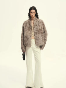 Firelady Fur Women's Young Hu Sheep Shearling Coat – Lightweight Cropped Jacket with Natural Curl Texture & Convertible Collar