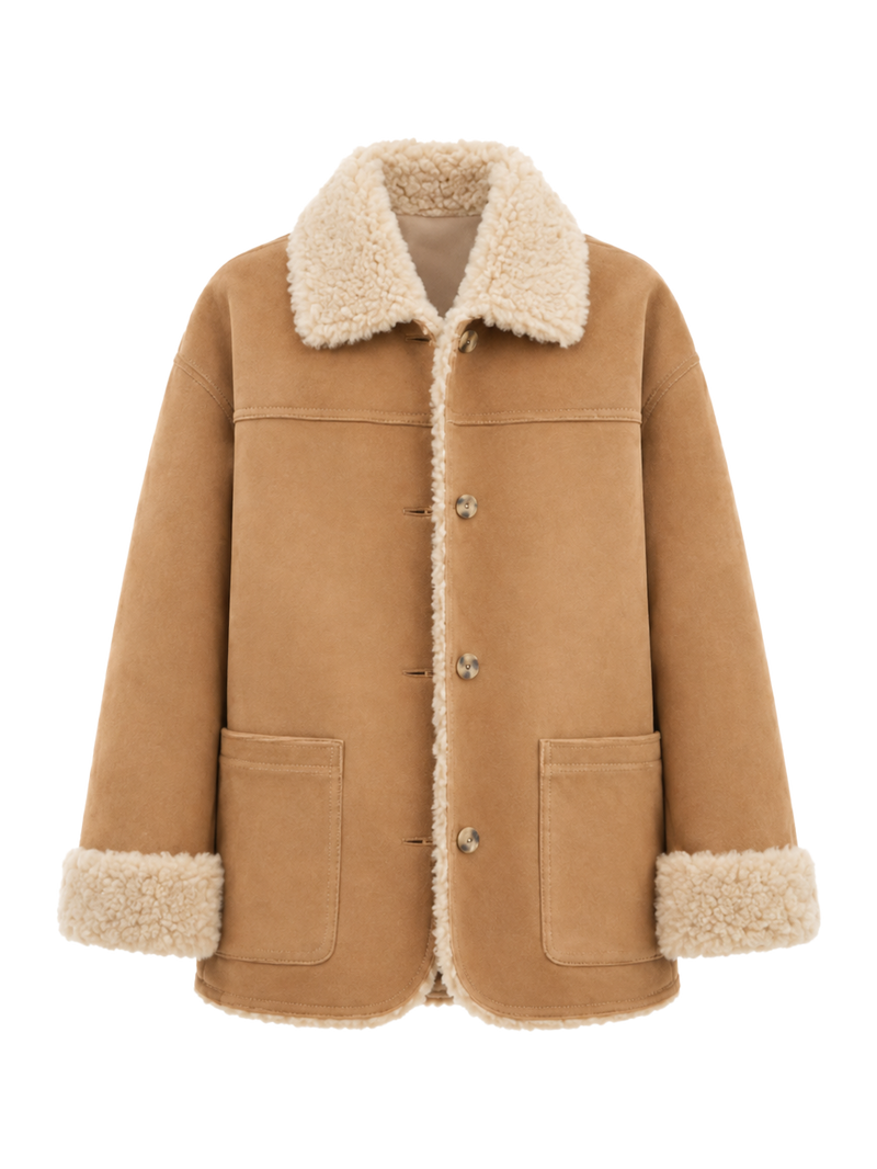 Firelady Fur Women's Reversible Faux Suede & Wool Shearling-Style Coat – Notched Collar