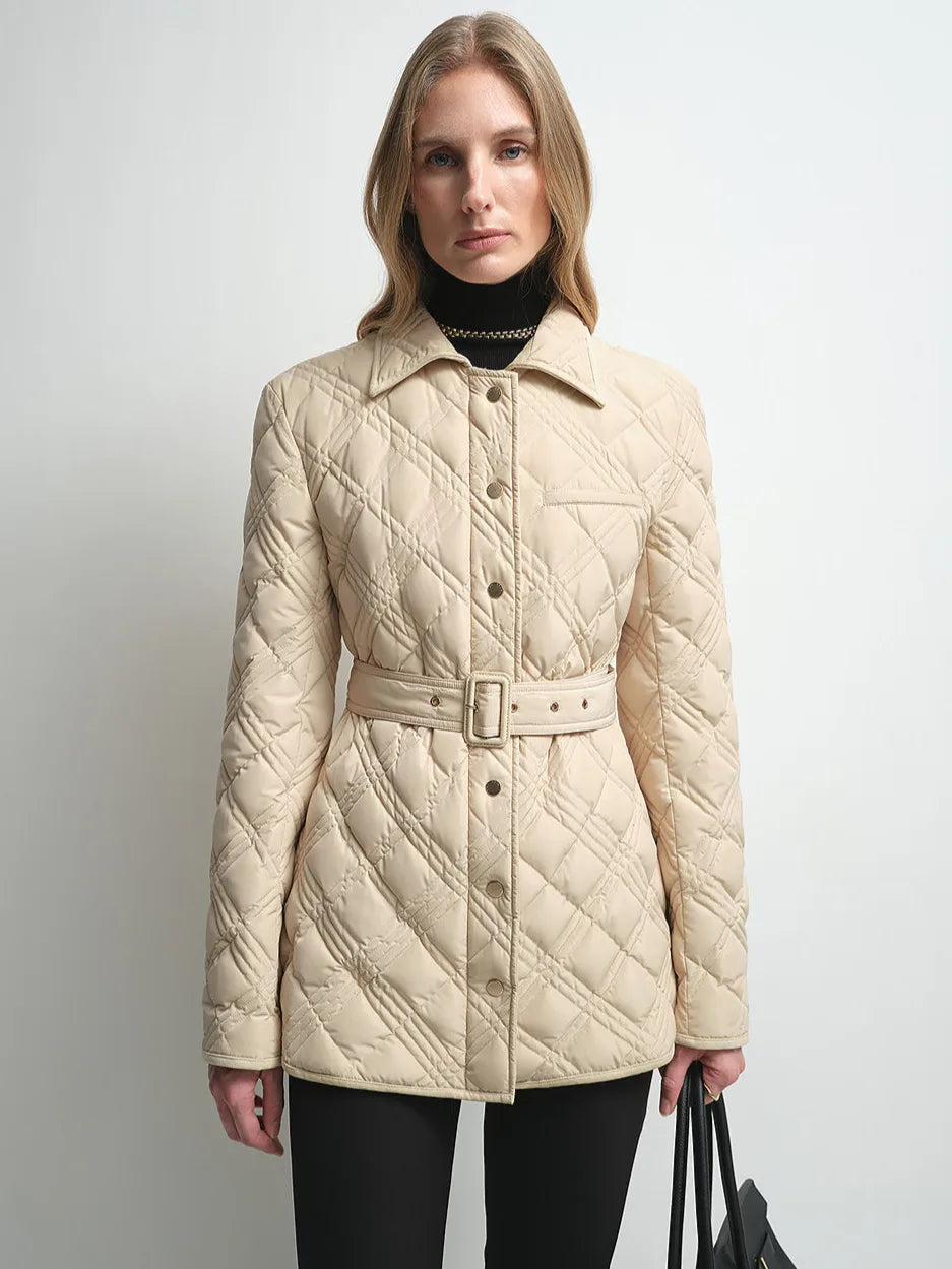 Firelady Fur Women's Belted Quilted Down Jacket – Diamond-Stitch Design
