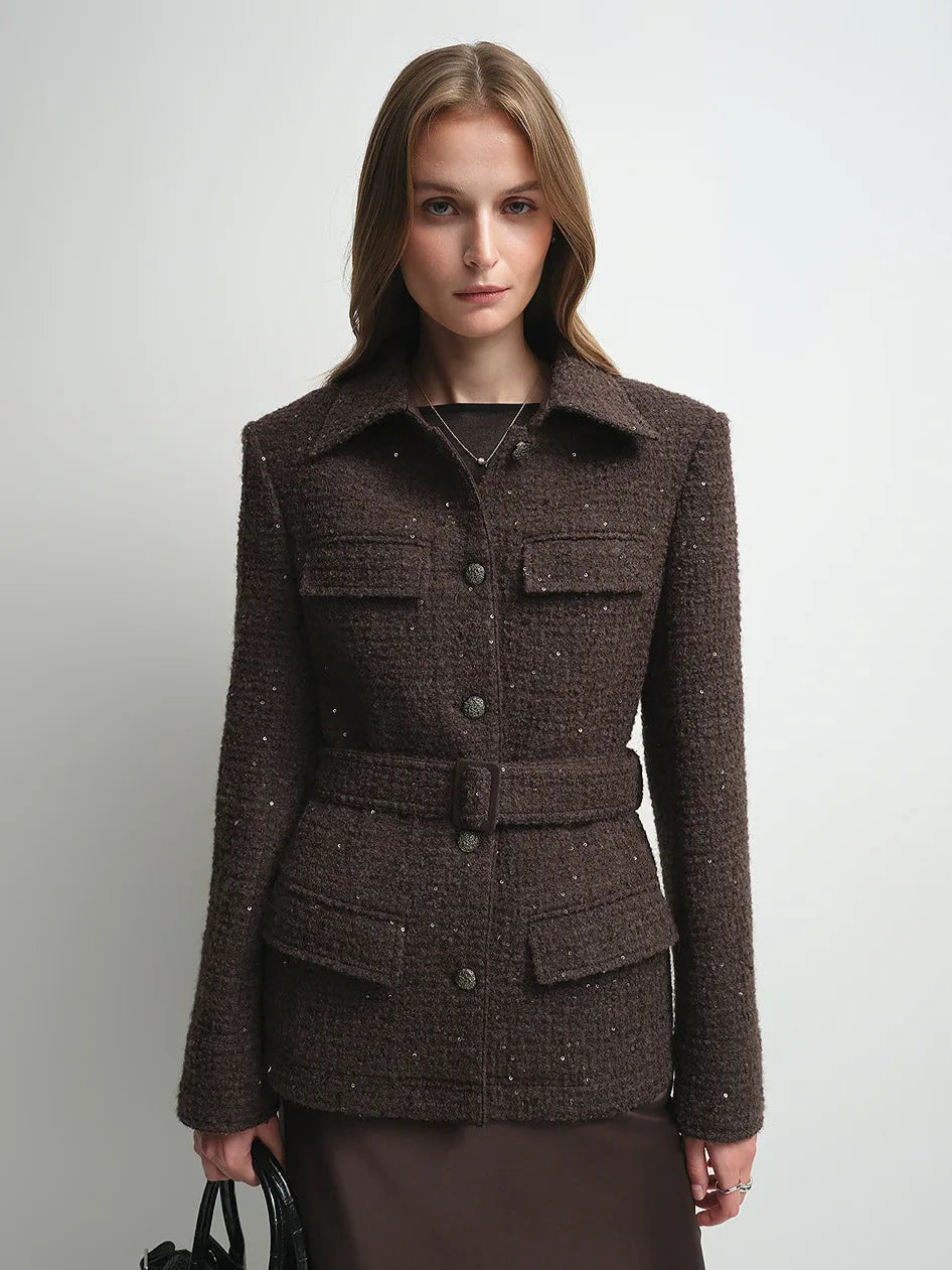 Firelady Fur Women's Wool-Blend Tweed Jacket – Belted Four-Pocket Design