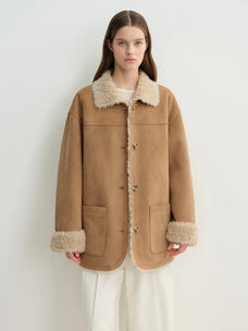 Manteau réversible pour femme Firelady en faux daim et imitation peau lainée – Col tailleur