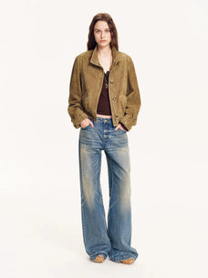 Firelady Fur Women's Suede & Oil-Wax Sheepskin Cropped Jacket – Puff-Sleeve Stand-Collar Design with Dual-Material Panels