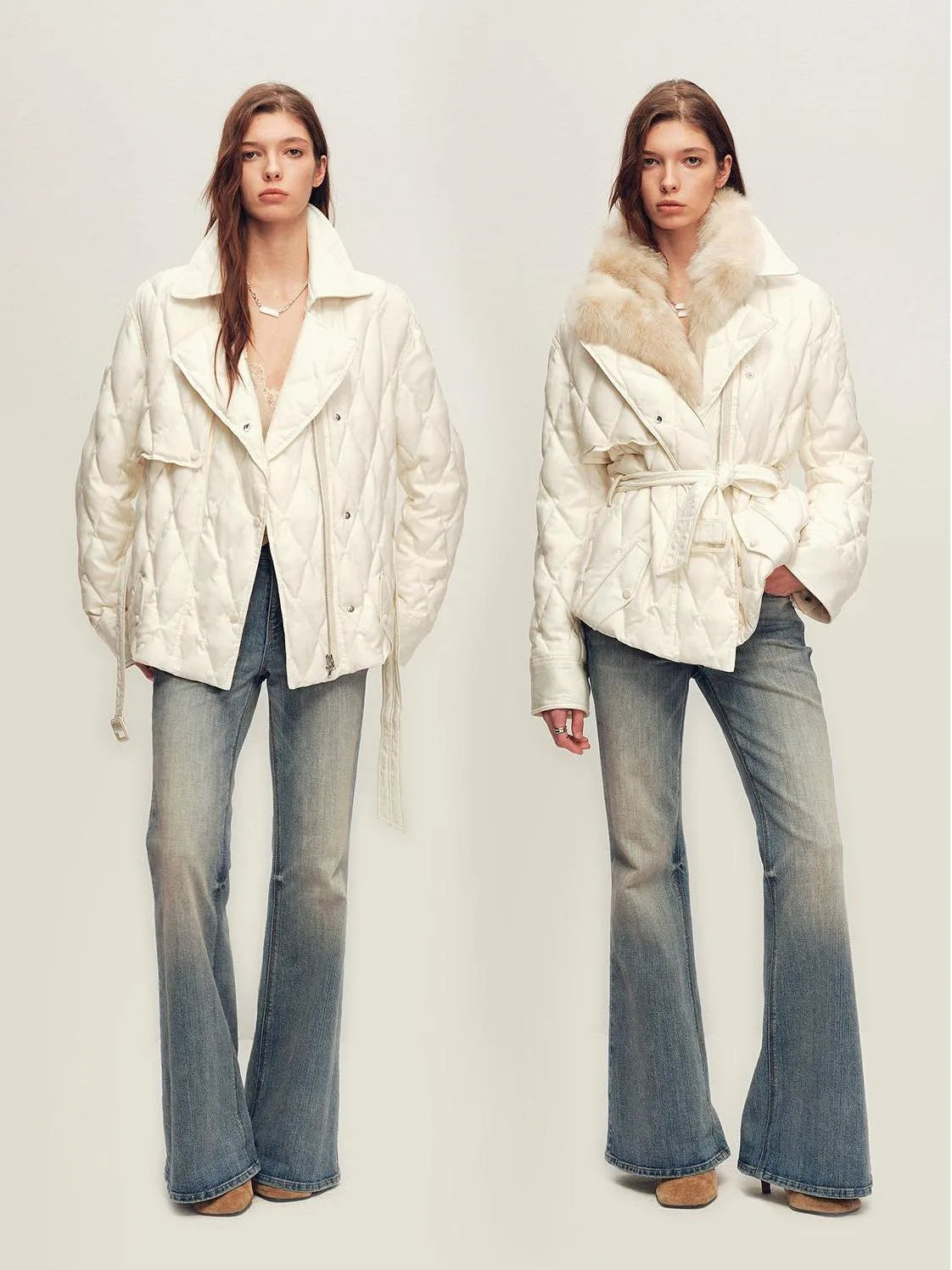 Veste matelassée ceinturée en duvet pour femme, à col amovible en fourrure de renard – Firelady Fur