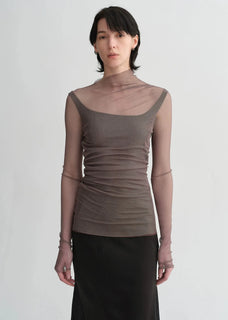 Double-layer transparent oblique collar pinched pleat half-high collar slim fit fake two-piece knitted T-shirt tops for women