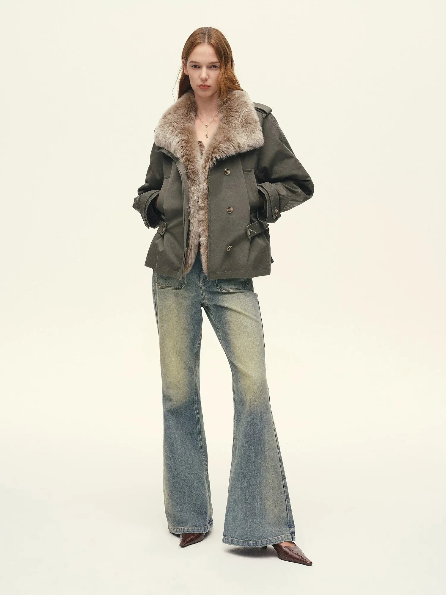 Firelady Fur Women's 90% Goose Down Parka – Detachable Spanish Merino Fur Collar & Cinched-Waist Trench Silhouette