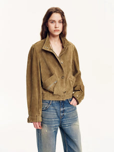 Firelady Fur Women's Suede & Oil-Wax Sheepskin Cropped Jacket – Puff-Sleeve Stand-Collar Design with Dual-Material Panels