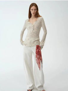 Fashionable cotton and linen beaded fancy yarn waisted bell sleeves round neck cardigan knitted top"Perry Moonlight"