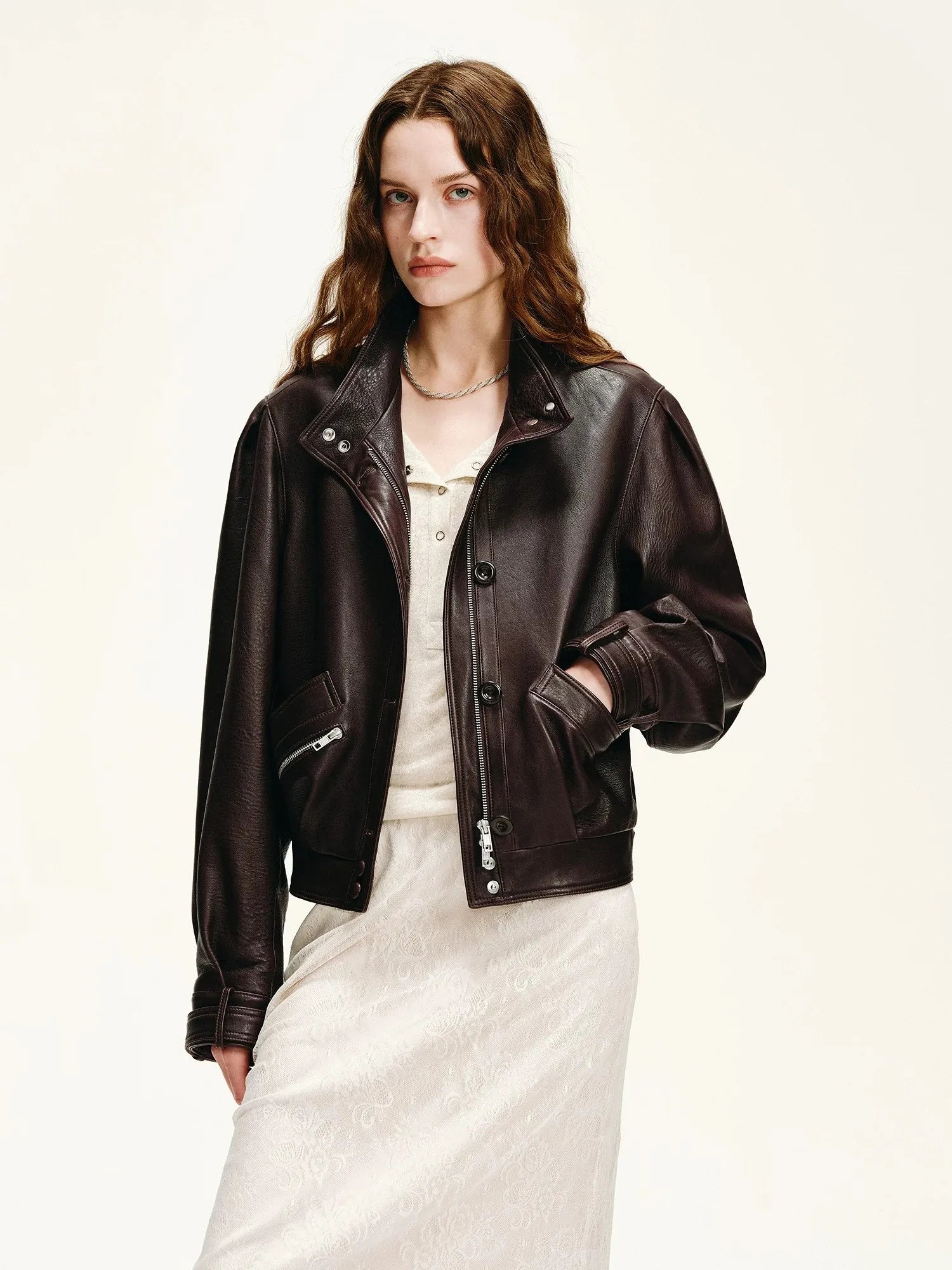 Firelady Fur Women's Suede & Oil-Wax Sheepskin Cropped Jacket – Puff-Sleeve Stand-Collar Design with Dual-Material Panels
