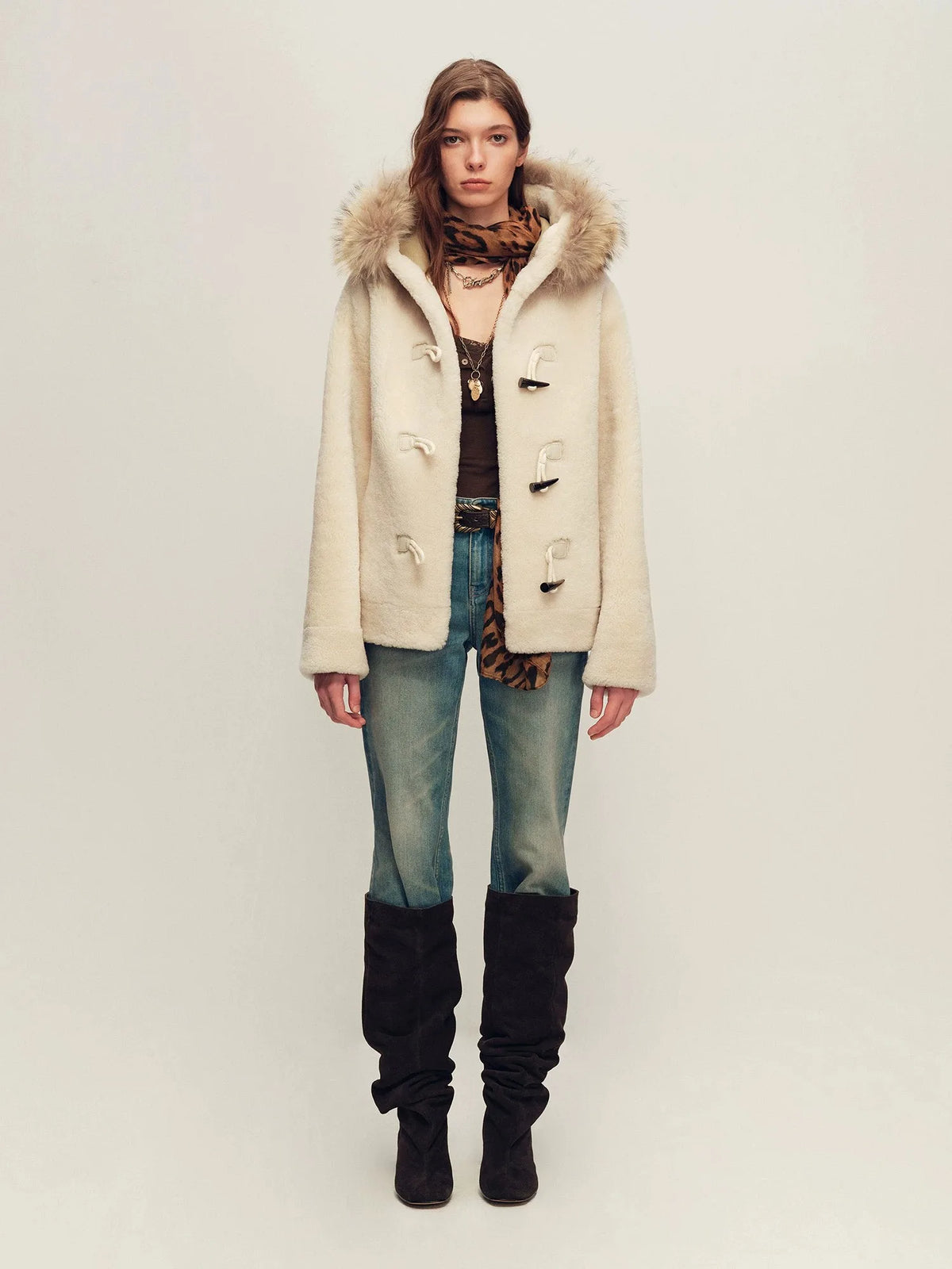 Firelady Fur Women's Hooded Merino Shearling Coat with Detachable Fur Collar and Toggle Closure