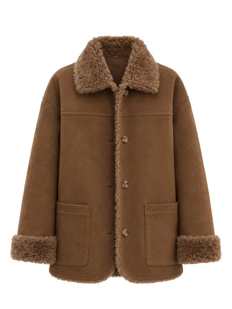 Firelady Fur Women's Reversible Faux Suede & Wool Shearling-Style Coat – Notched Collar